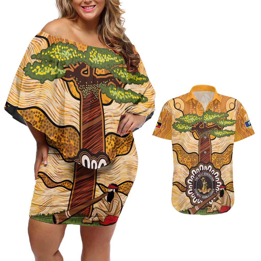 Aboriginal-Islanders NAIDOC Week Personalised Couples Matching Off Shoulder Short Dress and Hawaiian Shirt Boab Tree Indigenous Art