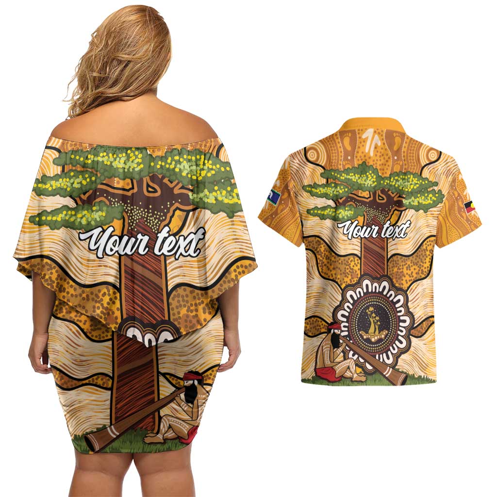 Aboriginal-Islanders NAIDOC Week Personalised Couples Matching Off Shoulder Short Dress and Hawaiian Shirt Boab Tree Indigenous Art