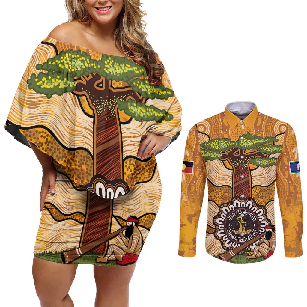Aboriginal-Islanders NAIDOC Week Personalised Couples Matching Off Shoulder Short Dress and Long Sleeve Button Shirt Boab Tree Indigenous Art
