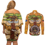 Aboriginal-Islanders NAIDOC Week Personalised Couples Matching Off Shoulder Short Dress and Long Sleeve Button Shirt Boab Tree Indigenous Art