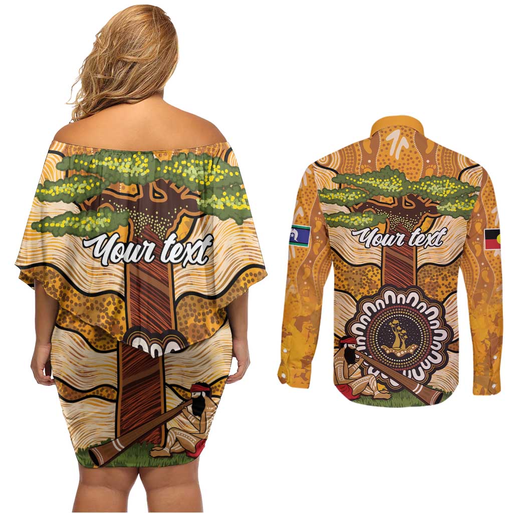 Aboriginal-Islanders NAIDOC Week Personalised Couples Matching Off Shoulder Short Dress and Long Sleeve Button Shirt Boab Tree Indigenous Art
