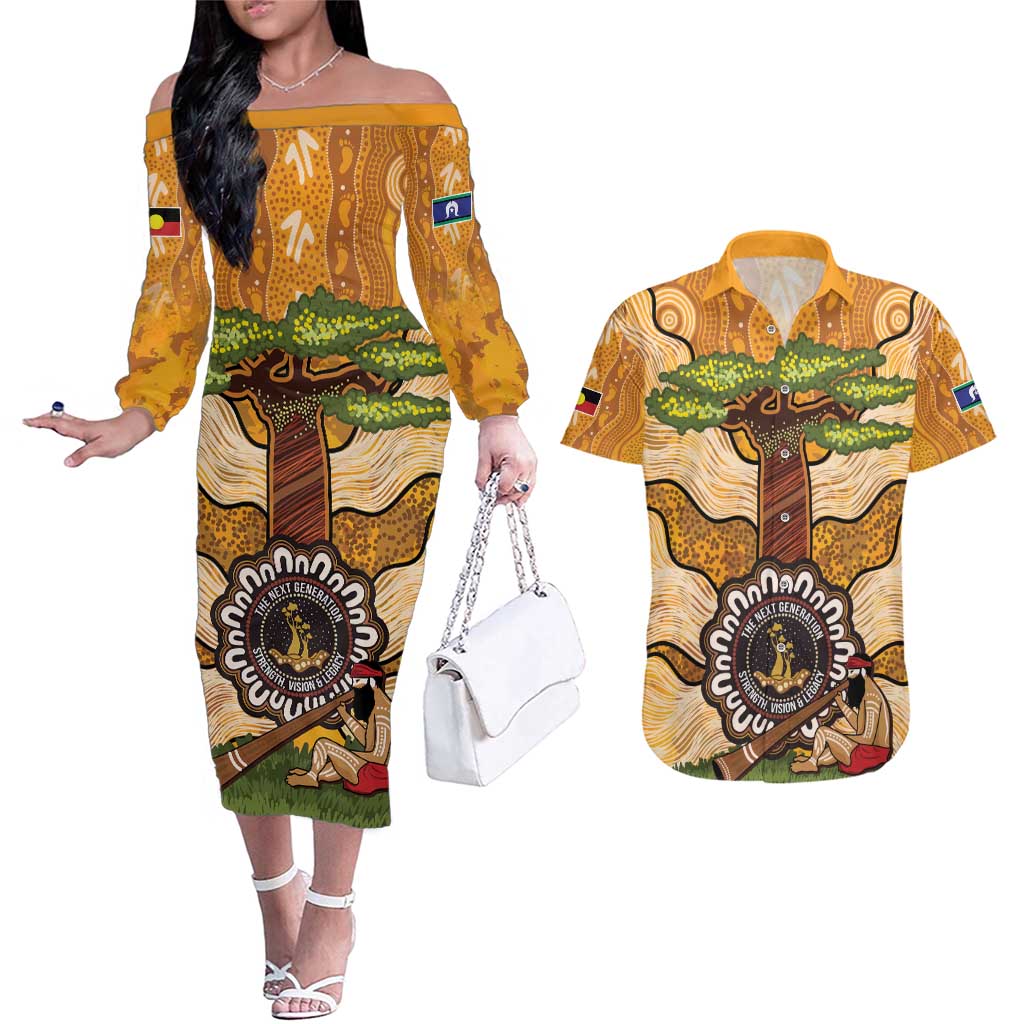 Aboriginal-Islanders NAIDOC Week Personalised Couples Matching Off The Shoulder Long Sleeve Dress and Hawaiian Shirt Boab Tree Indigenous Art
