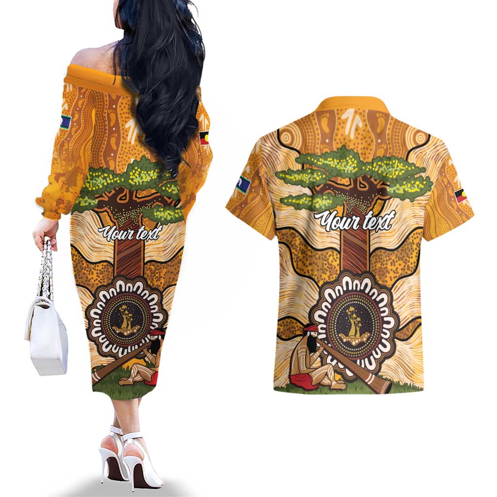Aboriginal-Islanders NAIDOC Week Personalised Couples Matching Off The Shoulder Long Sleeve Dress and Hawaiian Shirt Boab Tree Indigenous Art