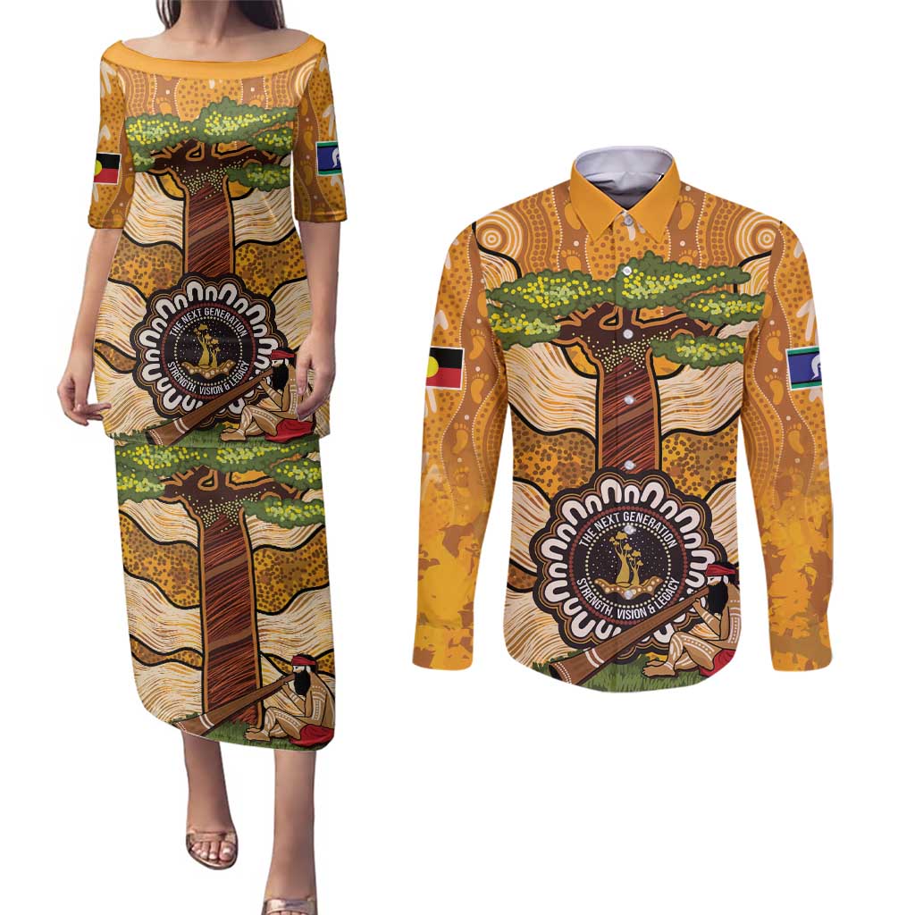 Aboriginal-Islanders NAIDOC Week Personalised Couples Matching Puletasi and Long Sleeve Button Shirt Boab Tree Indigenous Art
