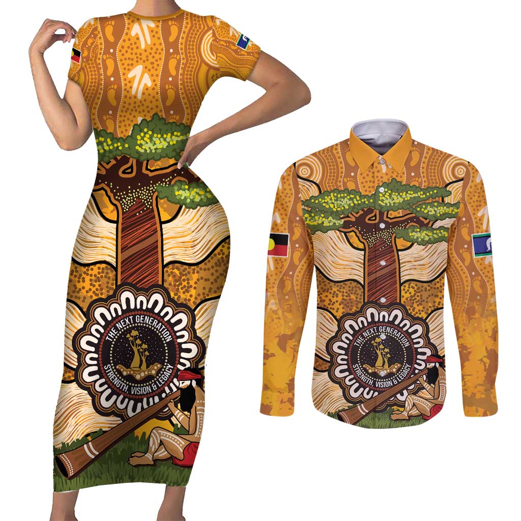 Aboriginal-Islanders NAIDOC Week Personalised Couples Matching Short Sleeve Bodycon Dress and Long Sleeve Button Shirt Boab Tree Indigenous Art