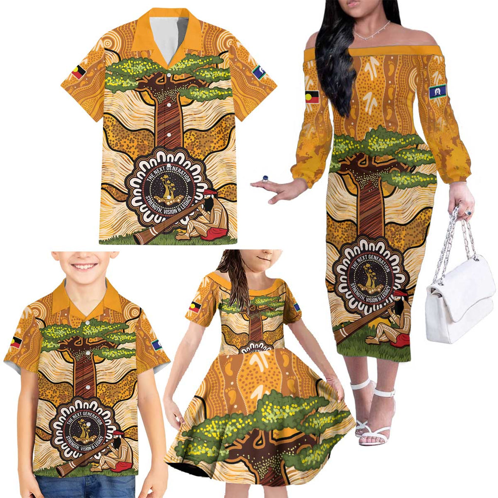 Aboriginal-Islanders NAIDOC Week Personalised Family Matching Off The Shoulder Long Sleeve Dress and Hawaiian Shirt Boab Tree Indigenous Art