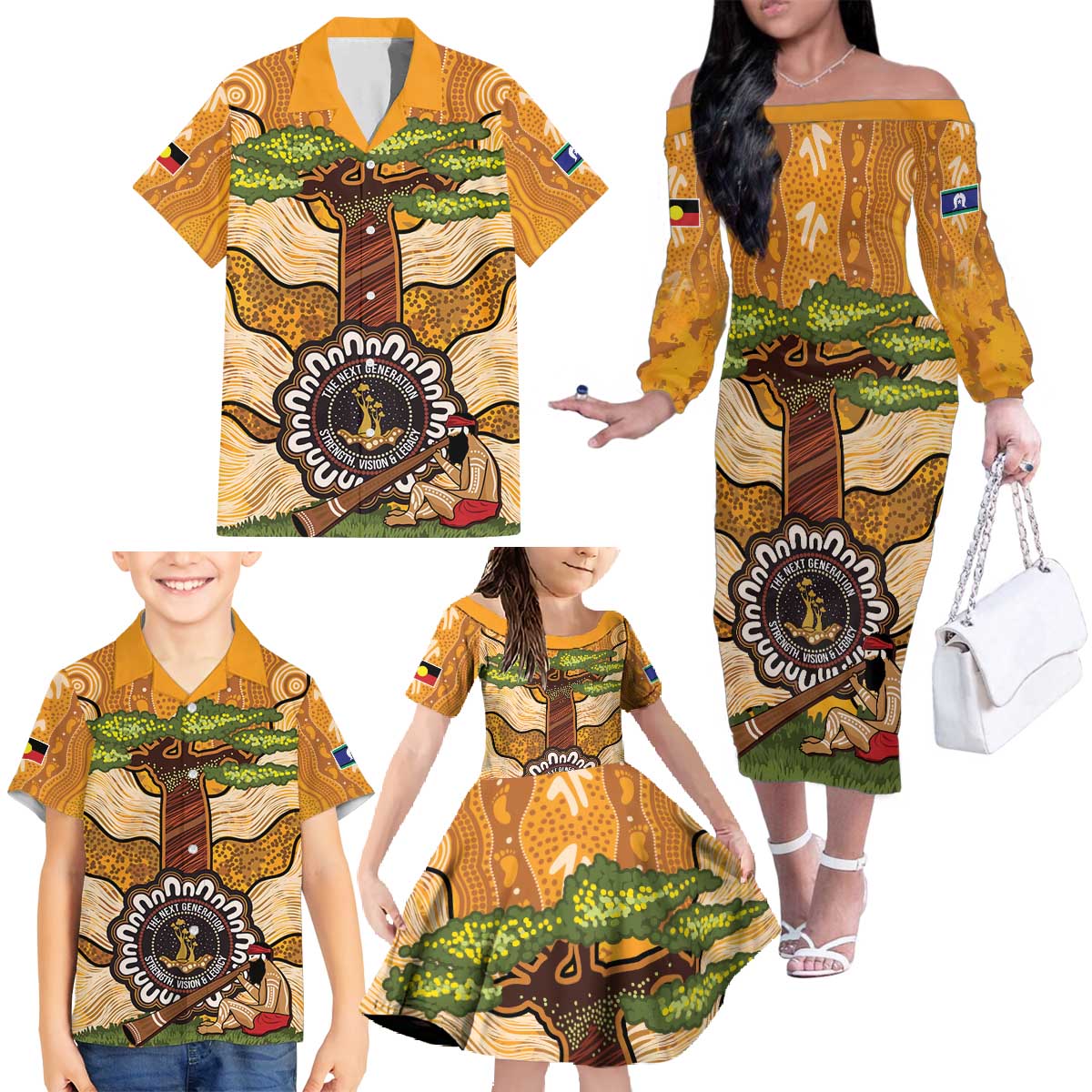Aboriginal-Islanders NAIDOC Week Personalised Family Matching Off The Shoulder Long Sleeve Dress and Hawaiian Shirt Boab Tree Indigenous Art