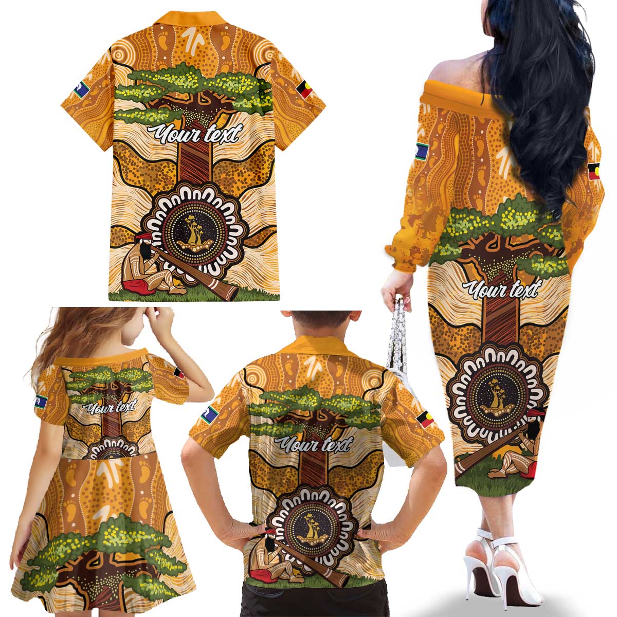 Aboriginal-Islanders NAIDOC Week Personalised Family Matching Off The Shoulder Long Sleeve Dress and Hawaiian Shirt Boab Tree Indigenous Art