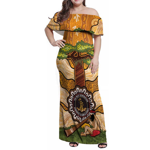 Aboriginal-Islanders NAIDOC Week Personalised Family Matching Off Shoulder Maxi Dress and Hawaiian Shirt Boab Tree Indigenous Art