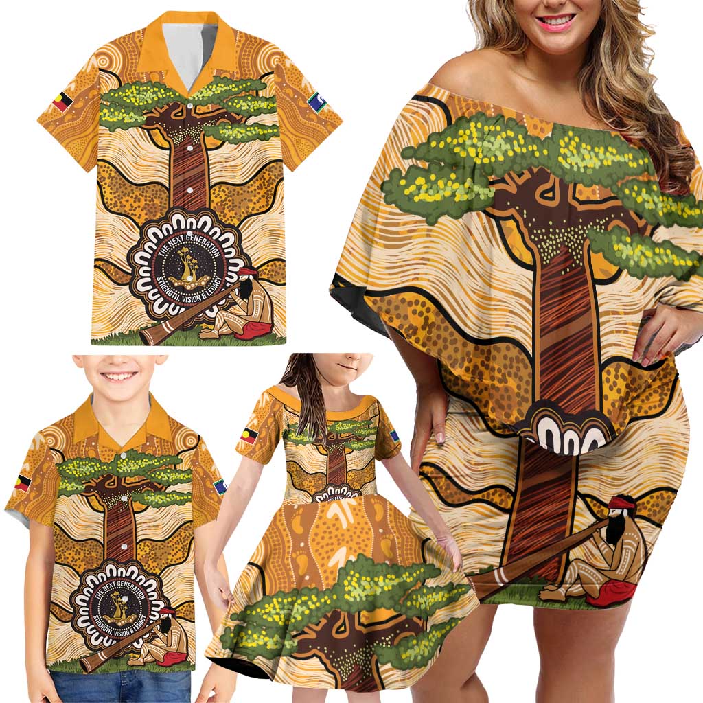 Aboriginal-Islanders NAIDOC Week Personalised Family Matching Off Shoulder Short Dress and Hawaiian Shirt Boab Tree Indigenous Art