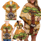 Aboriginal-Islanders NAIDOC Week Personalised Family Matching Off Shoulder Short Dress and Hawaiian Shirt Boab Tree Indigenous Art