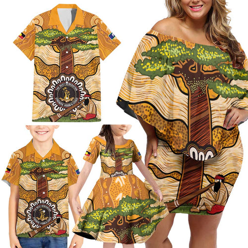 Aboriginal-Islanders NAIDOC Week Personalised Family Matching Off Shoulder Short Dress and Hawaiian Shirt Boab Tree Indigenous Art