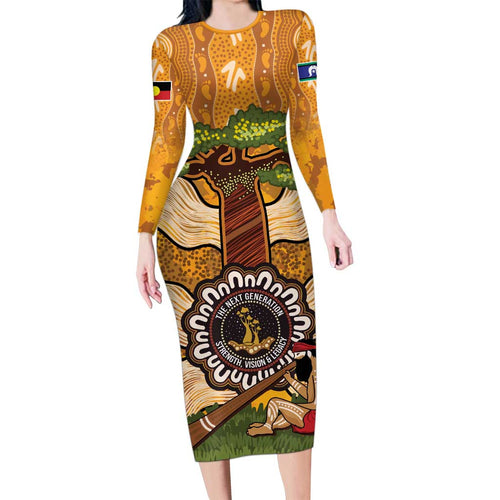 Aboriginal-Islanders NAIDOC Week Personalised Long Sleeve Bodycon Dress Boab Tree Indigenous Art