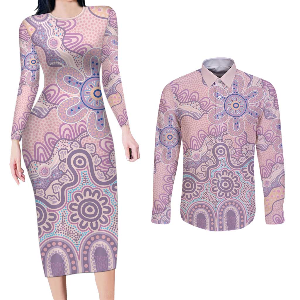 Aboriginal-Islanders NAIDOC Week Couples Matching Long Sleeve Bodycon Dress and Long Sleeve Button Shirt River and land aboriginal art
