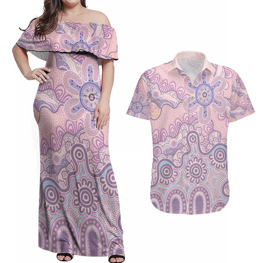 Aboriginal-Islanders NAIDOC Week Couples Matching Off Shoulder Maxi Dress and Hawaiian Shirt River and land aboriginal art