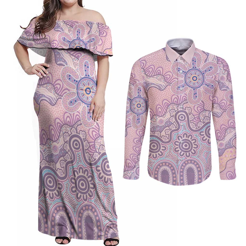 Aboriginal-Islanders NAIDOC Week Couples Matching Off Shoulder Maxi Dress and Long Sleeve Button Shirt River and land aboriginal art