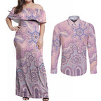 Aboriginal-Islanders NAIDOC Week Couples Matching Off Shoulder Maxi Dress and Long Sleeve Button Shirt River and land aboriginal art