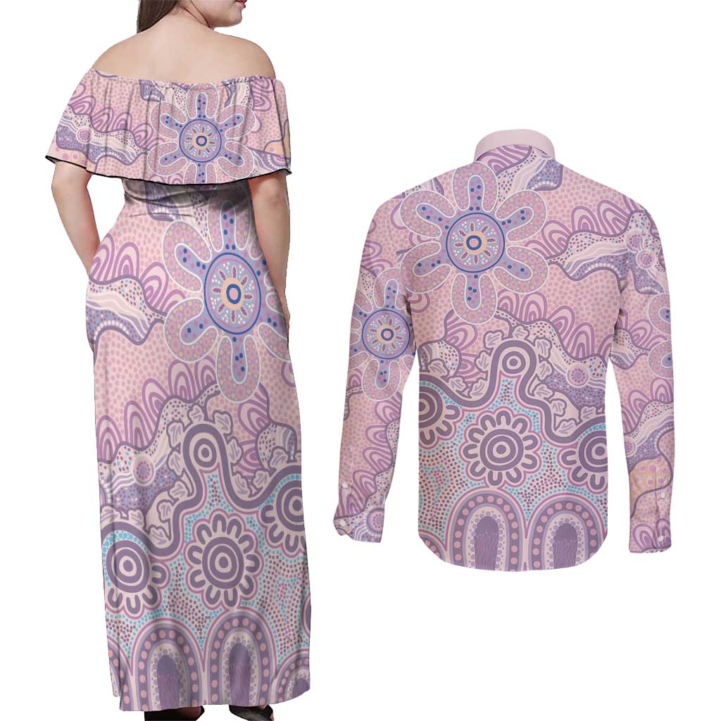 Aboriginal-Islanders NAIDOC Week Couples Matching Off Shoulder Maxi Dress and Long Sleeve Button Shirt River and land aboriginal art
