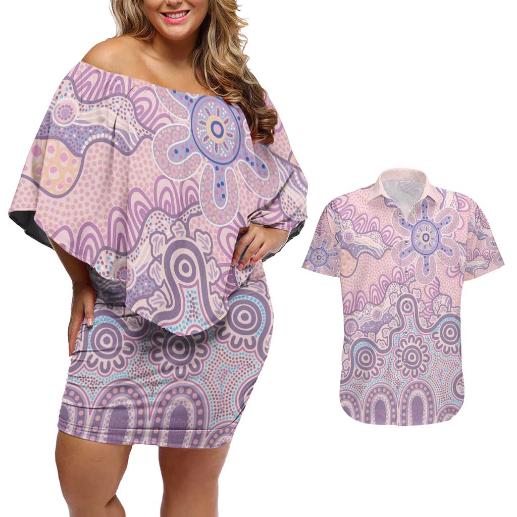 Aboriginal-Islanders NAIDOC Week Couples Matching Off Shoulder Short Dress and Hawaiian Shirt River and land aboriginal art