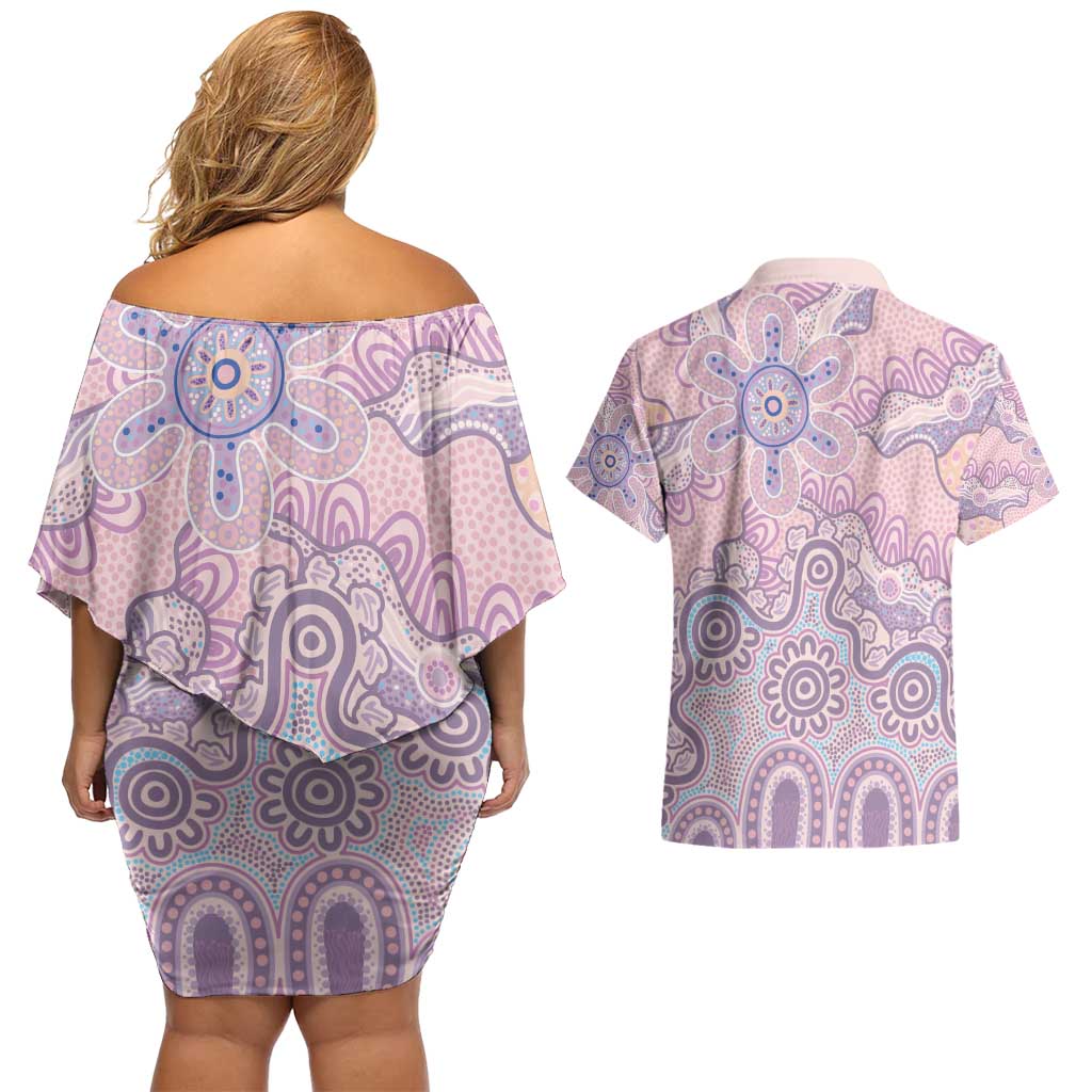 Aboriginal-Islanders NAIDOC Week Couples Matching Off Shoulder Short Dress and Hawaiian Shirt River and land aboriginal art