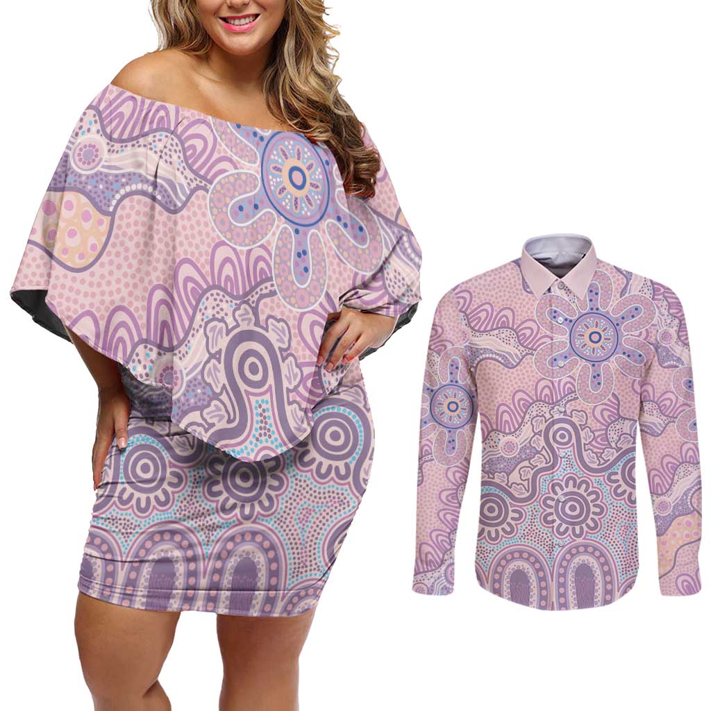 Aboriginal-Islanders NAIDOC Week Couples Matching Off Shoulder Short Dress and Long Sleeve Button Shirt River and land aboriginal art