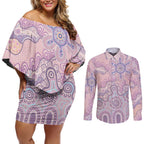 Aboriginal-Islanders NAIDOC Week Couples Matching Off Shoulder Short Dress and Long Sleeve Button Shirt River and land aboriginal art