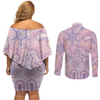 Aboriginal-Islanders NAIDOC Week Couples Matching Off Shoulder Short Dress and Long Sleeve Button Shirt River and land aboriginal art