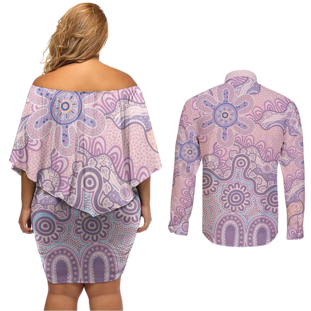 Aboriginal-Islanders NAIDOC Week Couples Matching Off Shoulder Short Dress and Long Sleeve Button Shirt River and land aboriginal art
