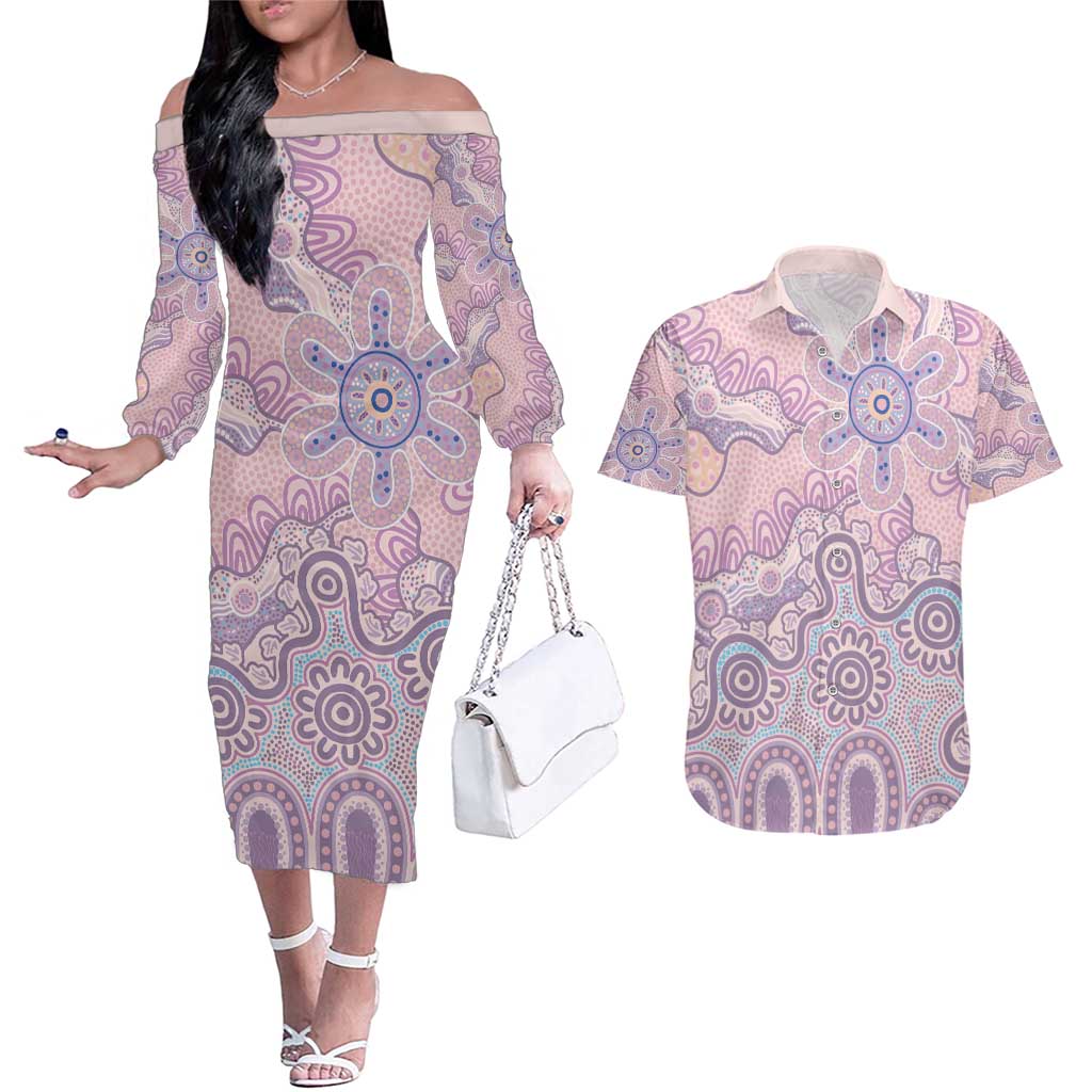 Aboriginal-Islanders NAIDOC Week Couples Matching Off The Shoulder Long Sleeve Dress and Hawaiian Shirt River and land aboriginal art
