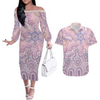 Aboriginal-Islanders NAIDOC Week Couples Matching Off The Shoulder Long Sleeve Dress and Hawaiian Shirt River and land aboriginal art