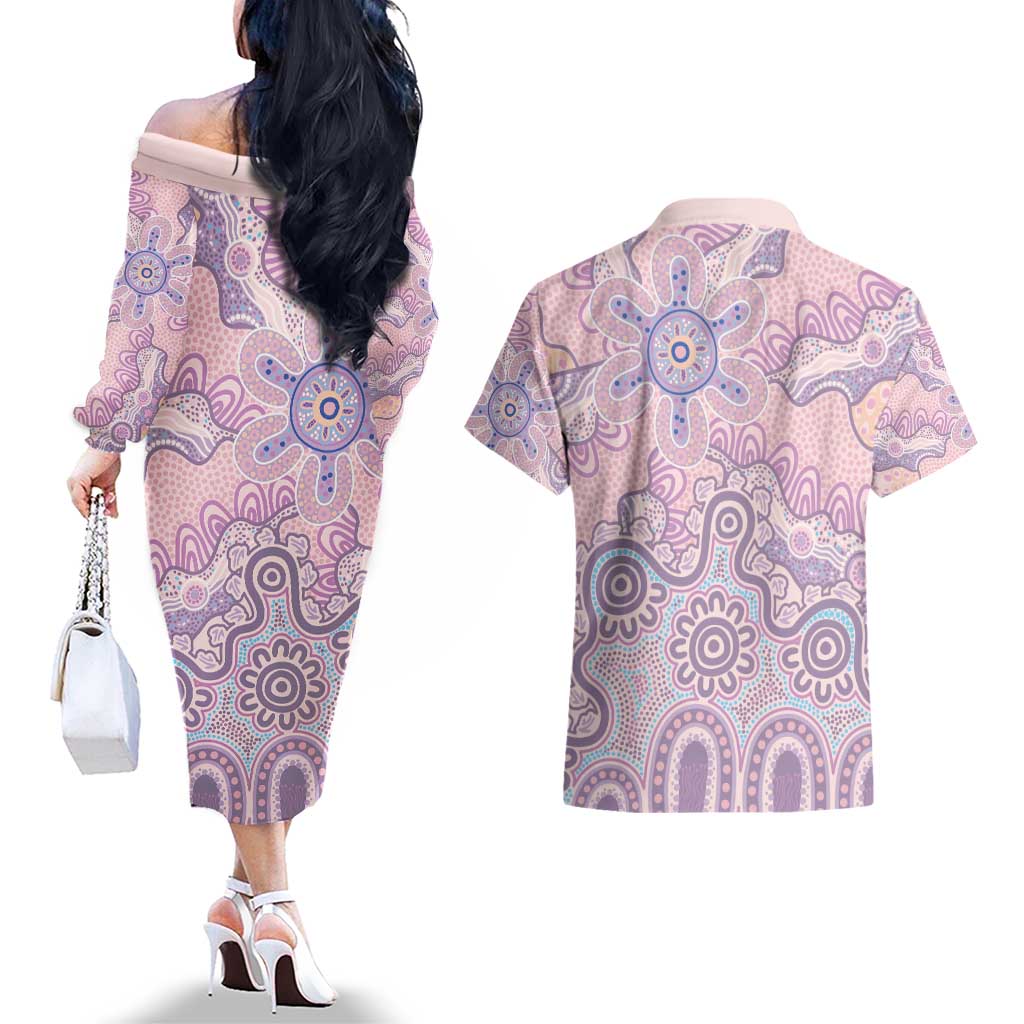Aboriginal-Islanders NAIDOC Week Couples Matching Off The Shoulder Long Sleeve Dress and Hawaiian Shirt River and land aboriginal art