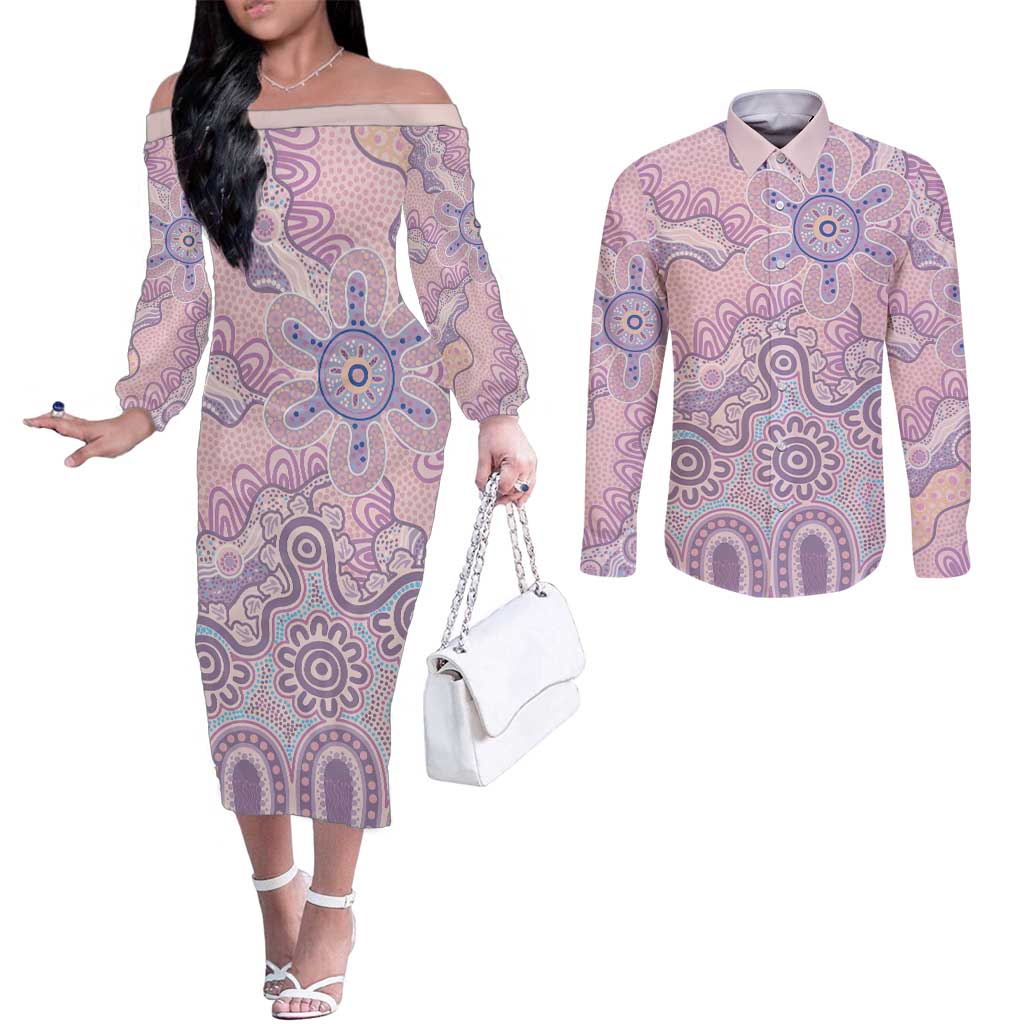 Aboriginal-Islanders NAIDOC Week Couples Matching Off The Shoulder Long Sleeve Dress and Long Sleeve Button Shirt River and land aboriginal art