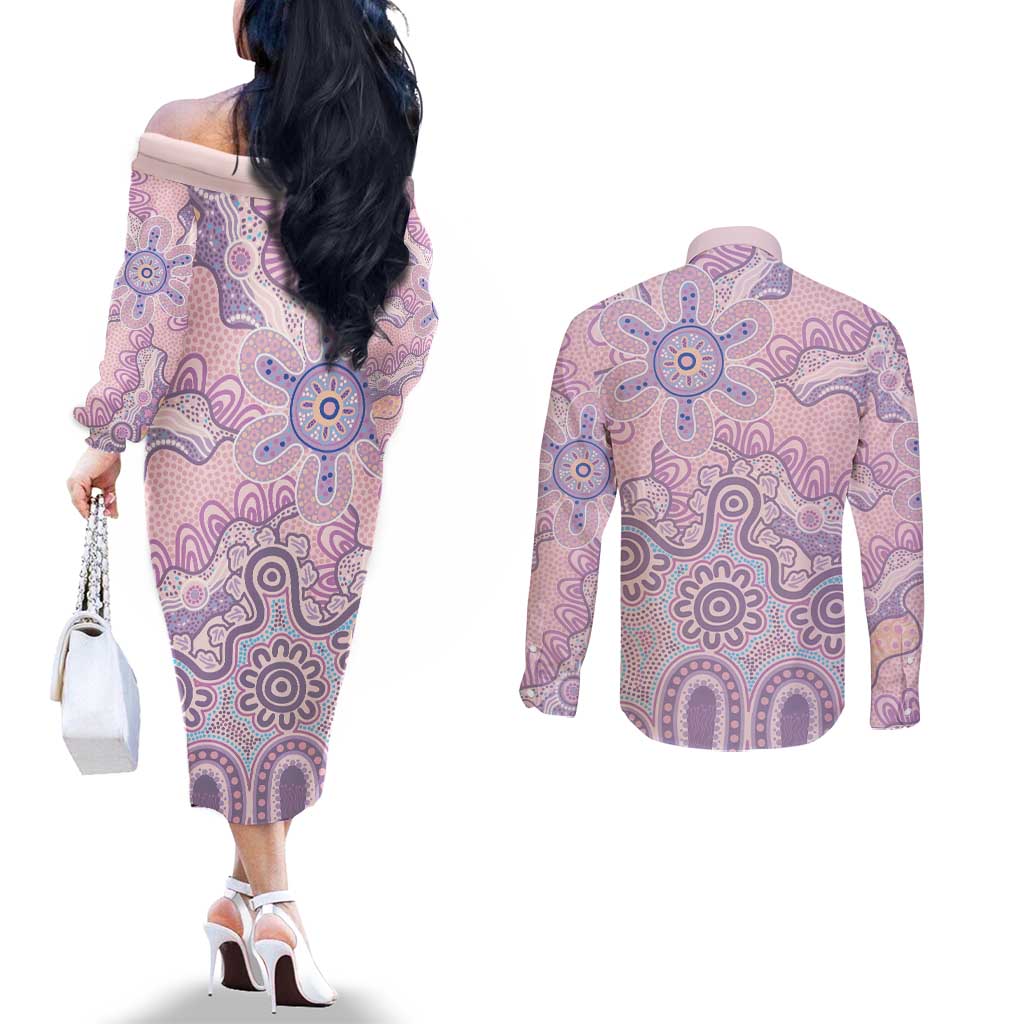 Aboriginal-Islanders NAIDOC Week Couples Matching Off The Shoulder Long Sleeve Dress and Long Sleeve Button Shirt River and land aboriginal art