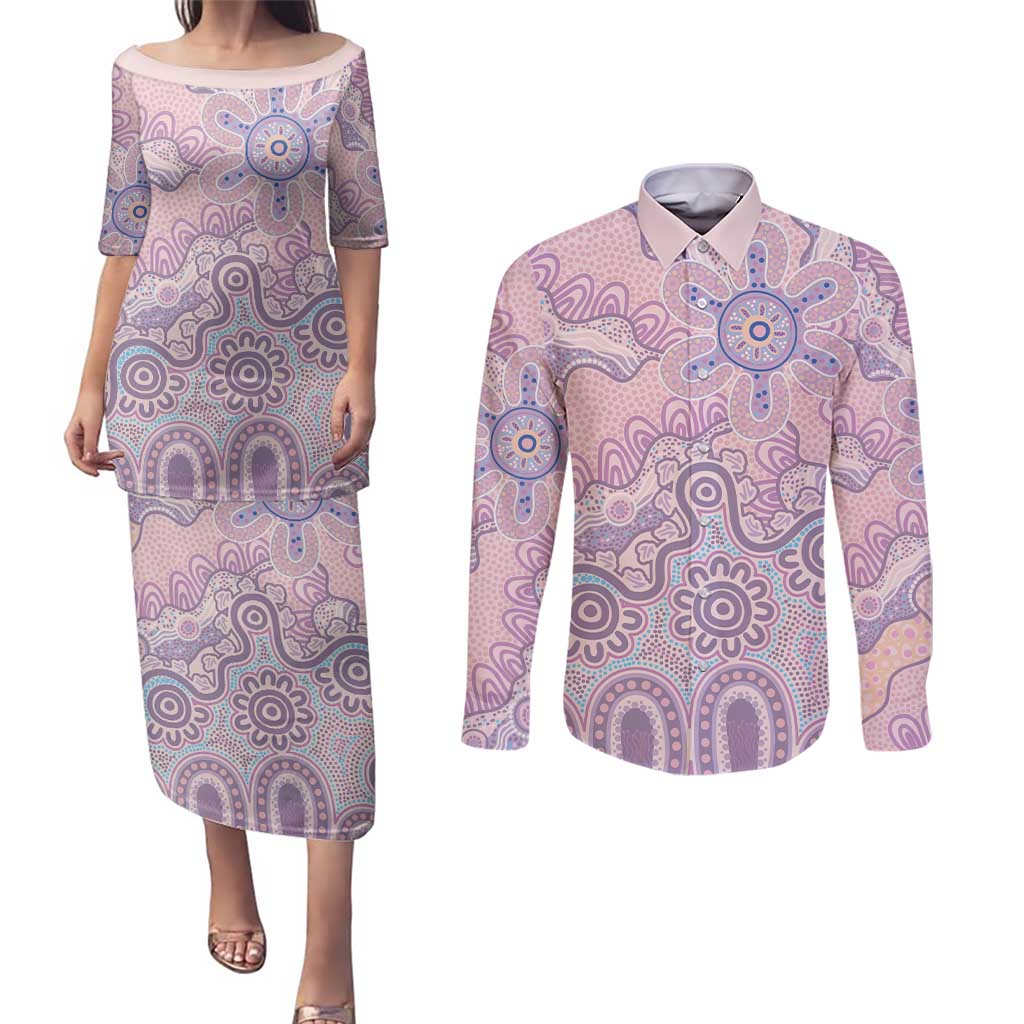 Aboriginal-Islanders NAIDOC Week Couples Matching Puletasi and Long Sleeve Button Shirt River and land aboriginal art