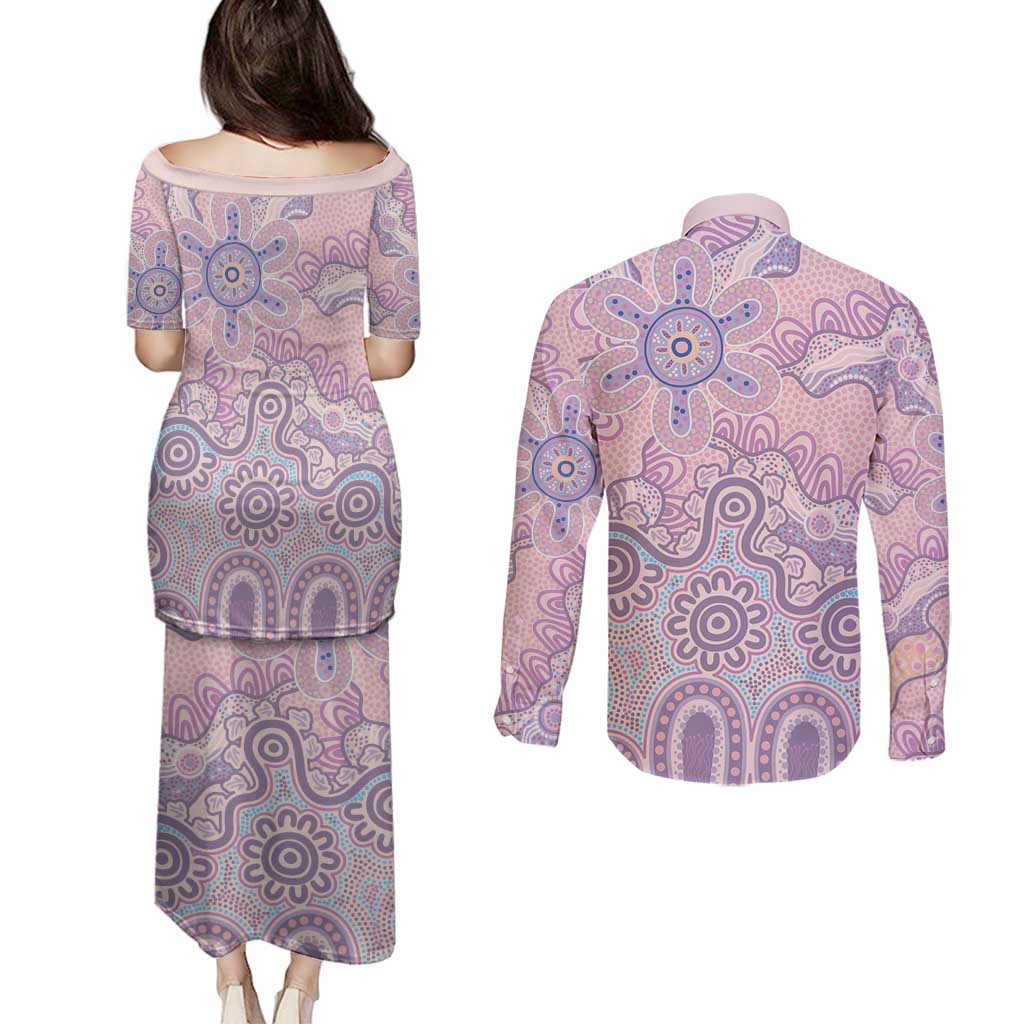 Aboriginal-Islanders NAIDOC Week Couples Matching Puletasi and Long Sleeve Button Shirt River and land aboriginal art