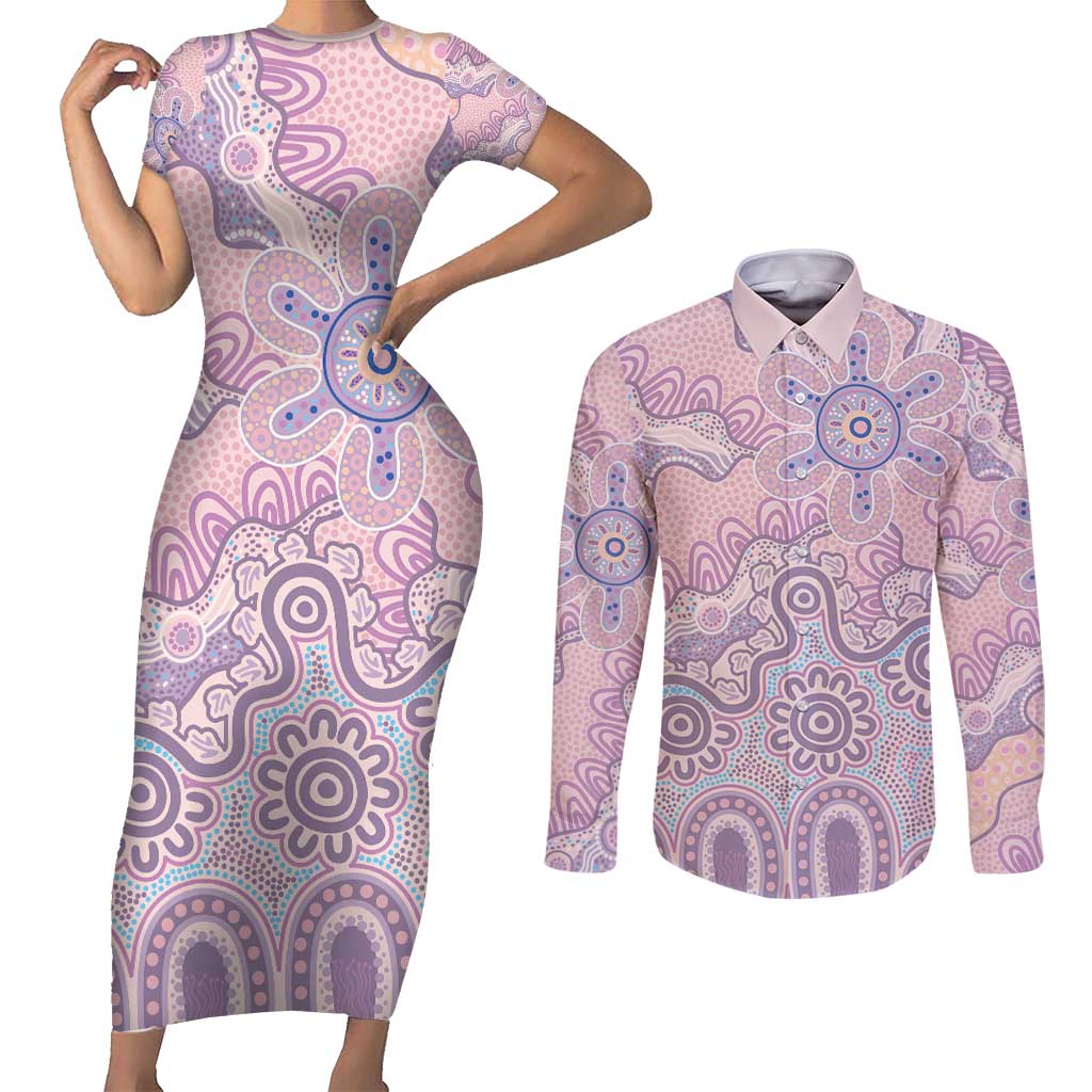 Aboriginal-Islanders NAIDOC Week Couples Matching Short Sleeve Bodycon Dress and Long Sleeve Button Shirt River and land aboriginal art