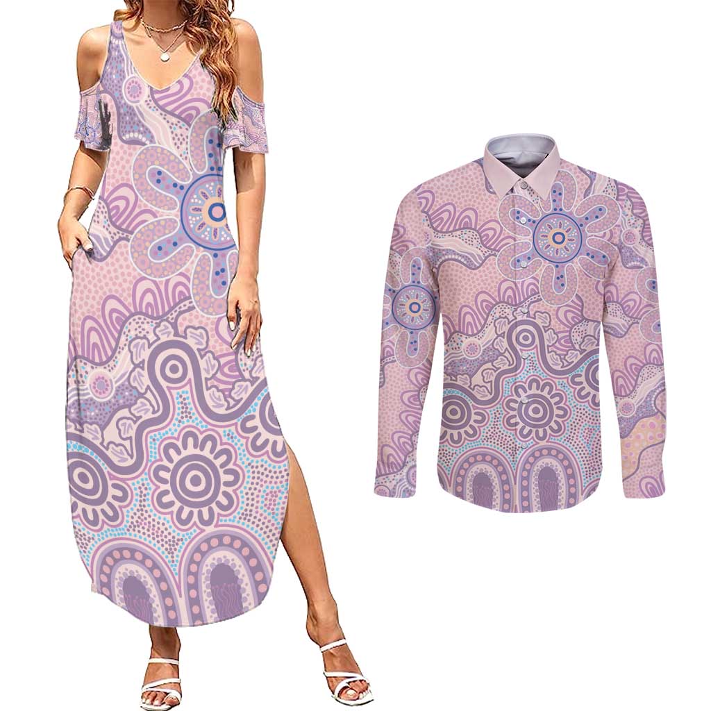 Aboriginal-Islanders NAIDOC Week Couples Matching Summer Maxi Dress and Long Sleeve Button Shirt River and land aboriginal art