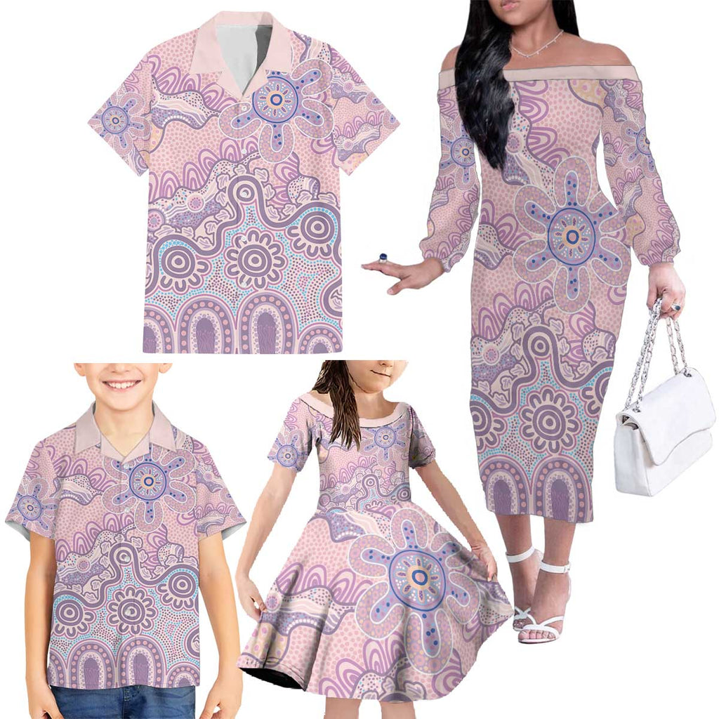 Aboriginal-Islanders NAIDOC Week Family Matching Off The Shoulder Long Sleeve Dress and Hawaiian Shirt River and land aboriginal art