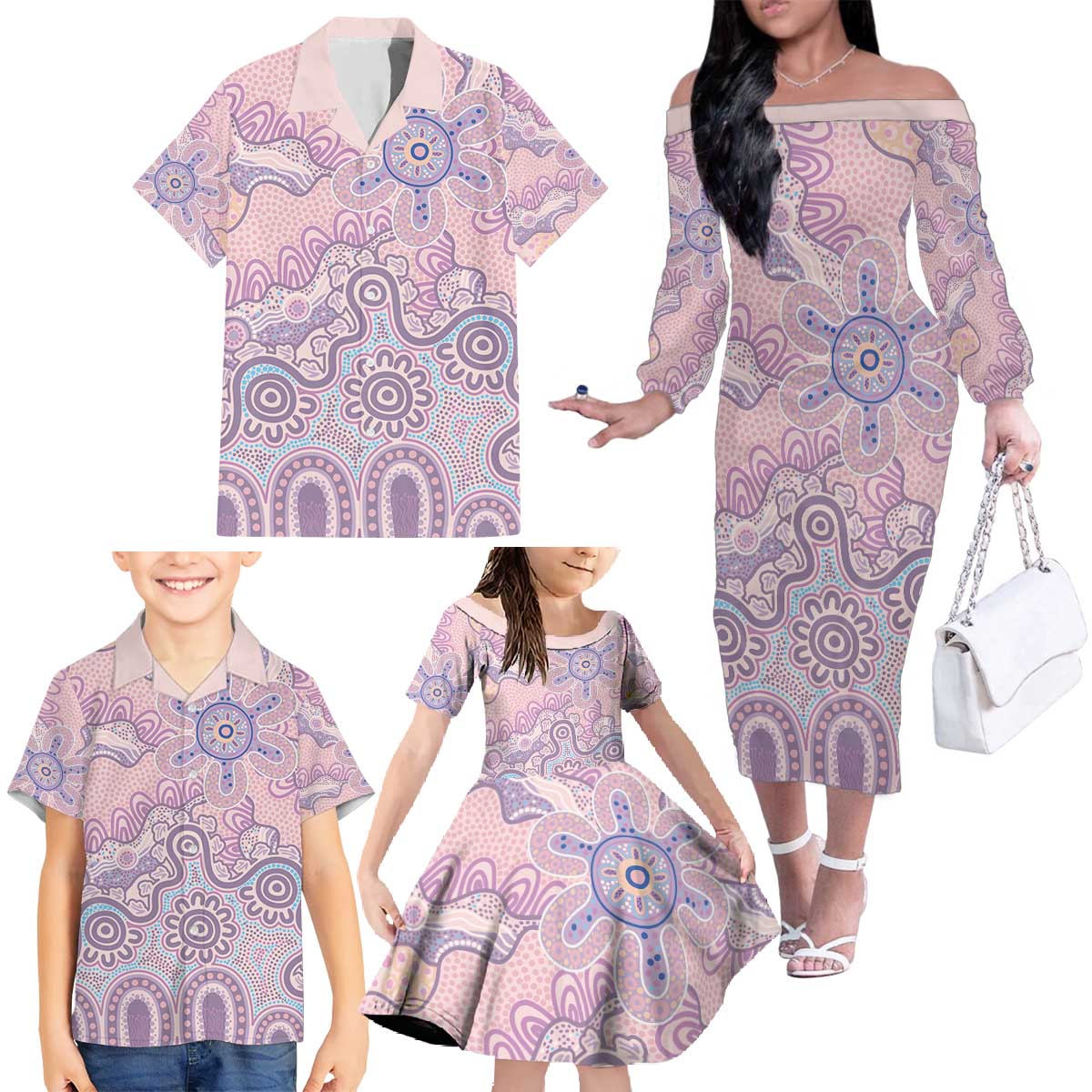 Aboriginal-Islanders NAIDOC Week Family Matching Off The Shoulder Long Sleeve Dress and Hawaiian Shirt River and land aboriginal art