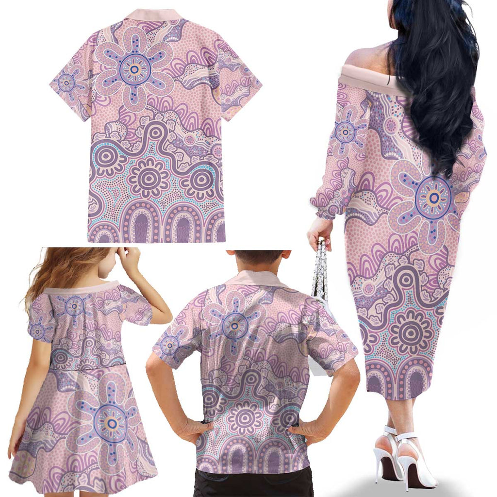 Aboriginal-Islanders NAIDOC Week Family Matching Off The Shoulder Long Sleeve Dress and Hawaiian Shirt River and land aboriginal art