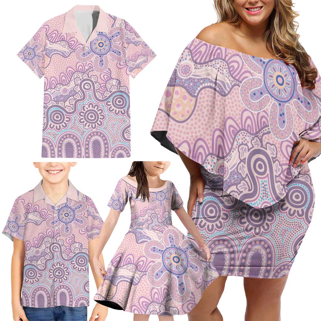 Aboriginal-Islanders NAIDOC Week Family Matching Off Shoulder Short Dress and Hawaiian Shirt River and land aboriginal art