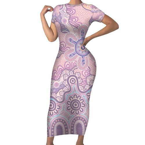 Aboriginal-Islanders NAIDOC Week Family Matching Short Sleeve Bodycon Dress and Hawaiian Shirt River and land aboriginal art
