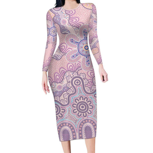 Aboriginal-Islanders NAIDOC Week Long Sleeve Bodycon Dress River and land aboriginal art
