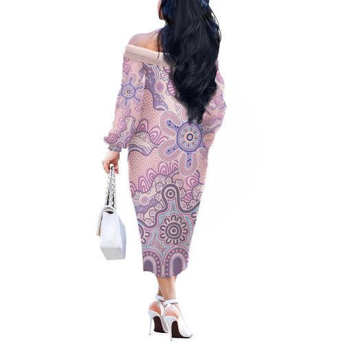 Aboriginal-Islanders NAIDOC Week Off The Shoulder Long Sleeve Dress River and land aboriginal art