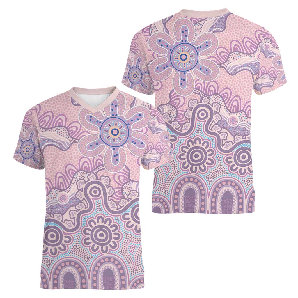 Aboriginal-Islanders NAIDOC Week Women V-Neck T-Shirt River and land aboriginal art