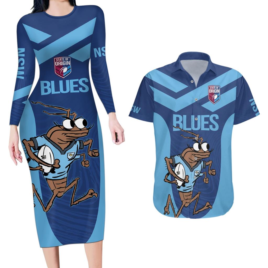 Custom New South Wales Rugby Couples Matching Long Sleeve Bodycon Dress and Hawaiian Shirt Blues Cockroach Origin Sporty