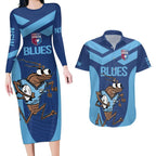 Custom New South Wales Rugby Couples Matching Long Sleeve Bodycon Dress and Hawaiian Shirt Blues Cockroach Origin Sporty