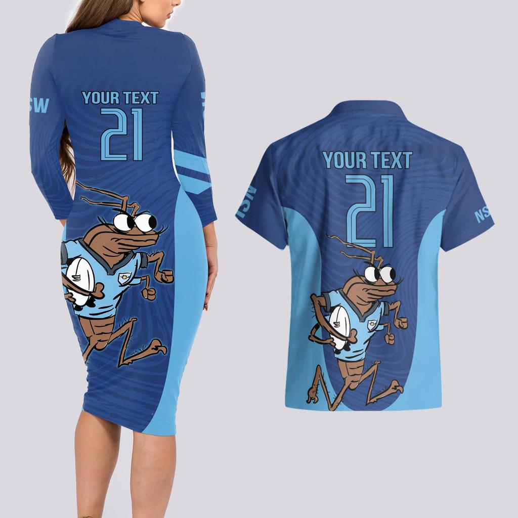 Custom New South Wales Rugby Couples Matching Long Sleeve Bodycon Dress and Hawaiian Shirt Blues Cockroach Origin Sporty
