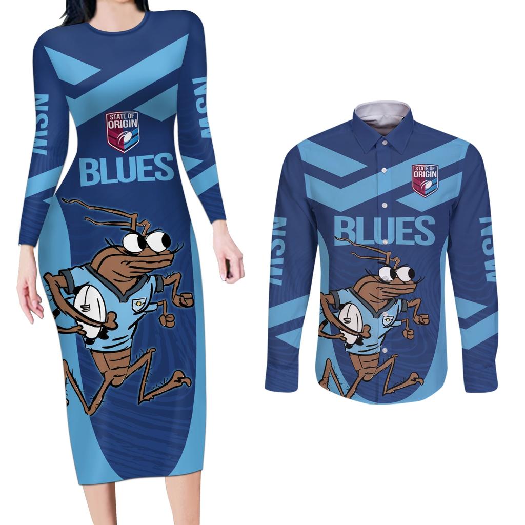 Custom New South Wales Rugby Couples Matching Long Sleeve Bodycon Dress and Long Sleeve Button Shirt Blues Cockroach Origin Sporty