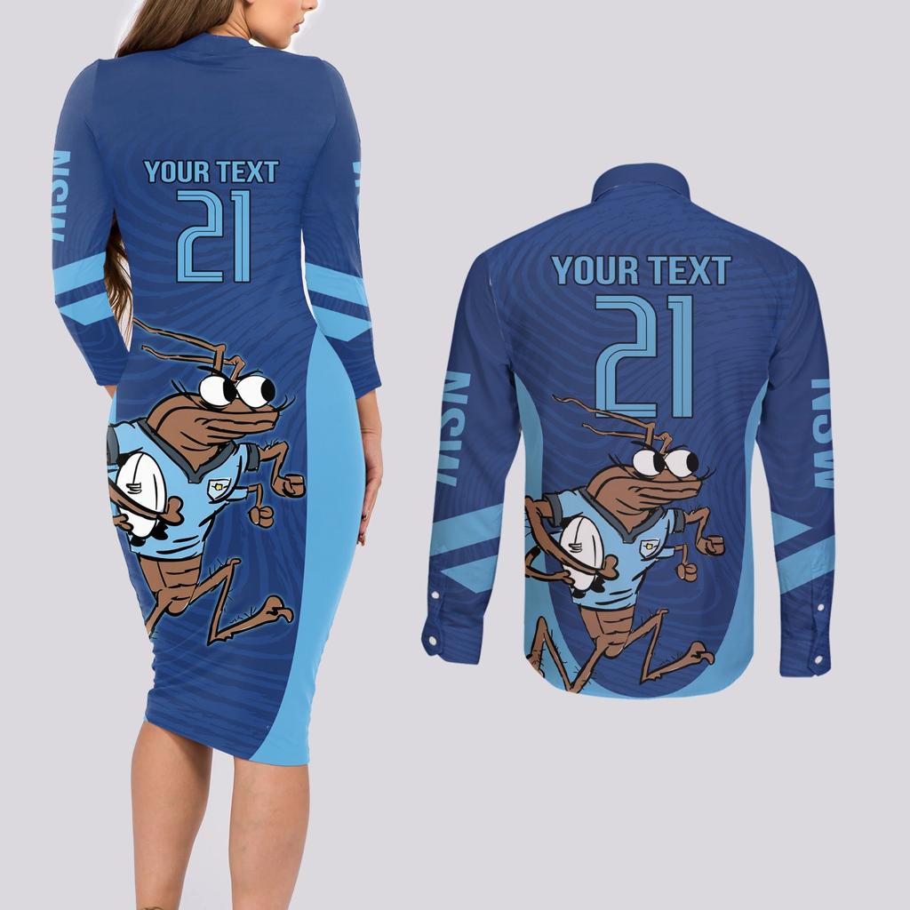 Custom New South Wales Rugby Couples Matching Long Sleeve Bodycon Dress and Long Sleeve Button Shirt Blues Cockroach Origin Sporty